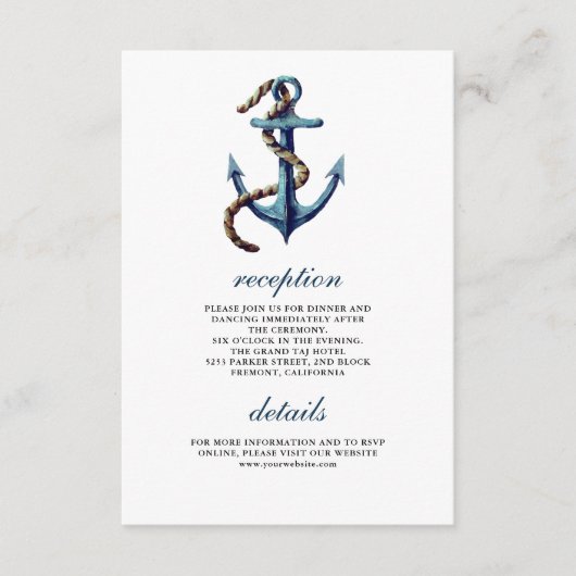 Rustic Navy Blue Anchor Rope Wedding Details Informatiekaartje (Voorkant)