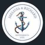 Rustic Navy Blue Anchor Wedding Ronde Sticker<br><div class="desc">Elegant nautisch thema bruiloft sticker met een waterverf geschilderde anker- en snaarverlichting met moderne typografie.</div>