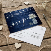 Rustic Navy Blue Baby's Breath String Lights RSVP Uitnodiging Briefkaart