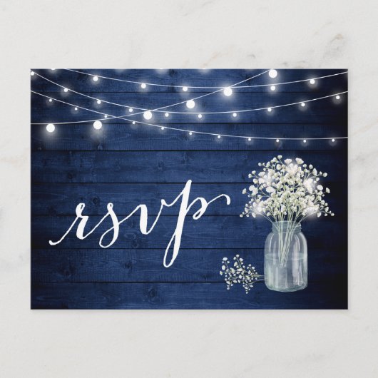 Rustic Navy Blue Baby's Breath String Lights RSVP Uitnodiging Briefkaart (Voorkant)