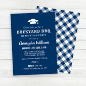 Rustic Navy Blue Backyard BBQ Graduation Party Kaart
