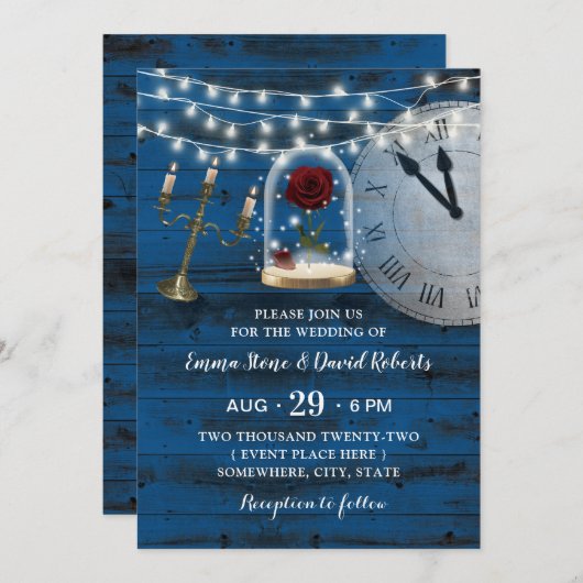 Rustic Navy Blue Barn Wood Fairytale bruiloft Kaart (Voorkant / Achterkant)