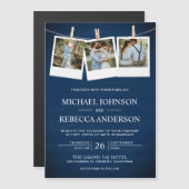 Rustic Navy Blue Barn Wood Foto Collage Wedding Magnetische Uitnodiging (Voorkant / Achterkant)