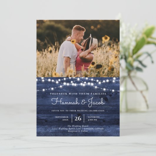 Rustic Navy Blue Barn Wood String Lights Kaart (Staand voorkant)