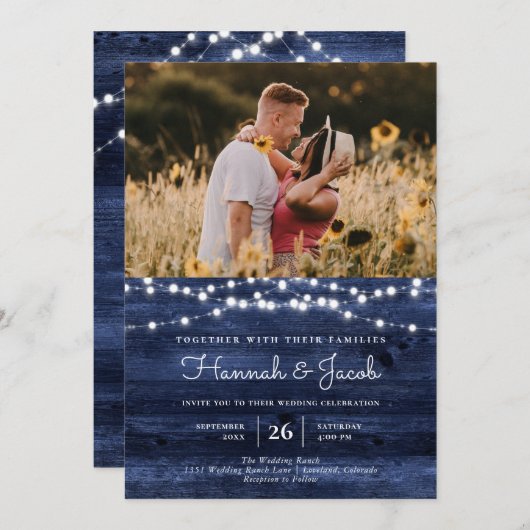 Rustic Navy Blue Barn Wood String Lights Kaart (Voorkant / Achterkant)