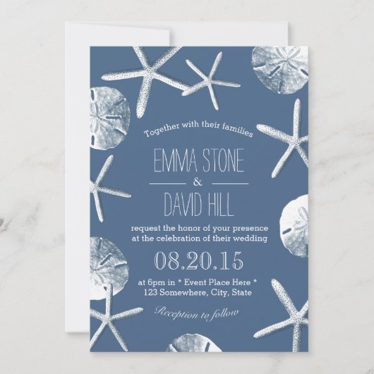 Rustic Navy Blue Beach Theme Wedding Invitations Kaart (Voorkant)