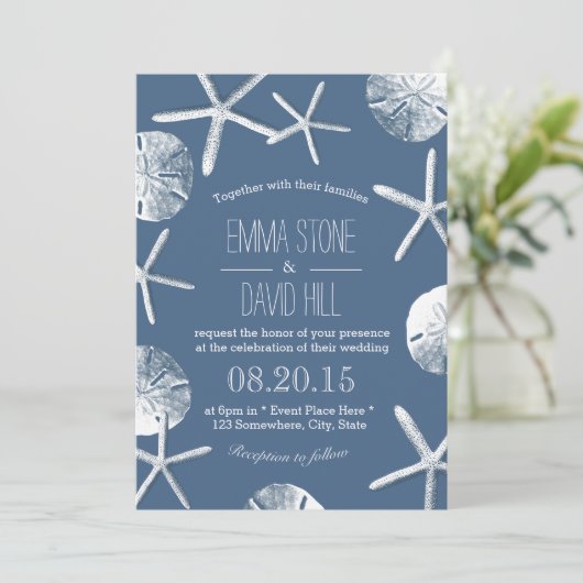Rustic Navy Blue Beach Theme Wedding Invitations Kaart (Staand voorkant)