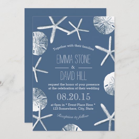 Rustic Navy Blue Beach Theme Wedding Invitations Kaart (Voorkant / Achterkant)