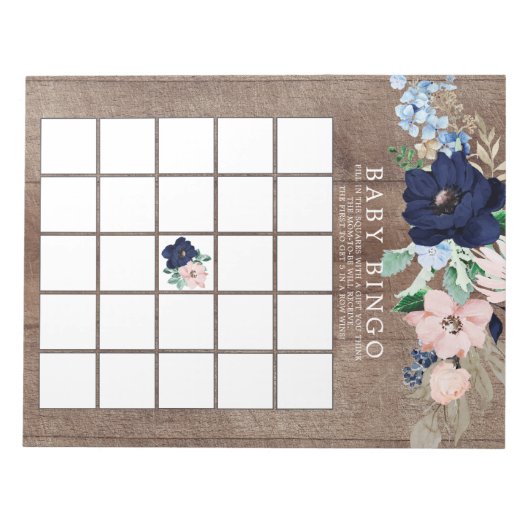 Rustic Navy Blue & Blush Baby shower Bingo Game Notitieblok (Voorkant)