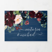 Rustic Navy Blue Blush & Bourgondië Bloemen Huweli Drieluik Uitnodiging (Cover)
