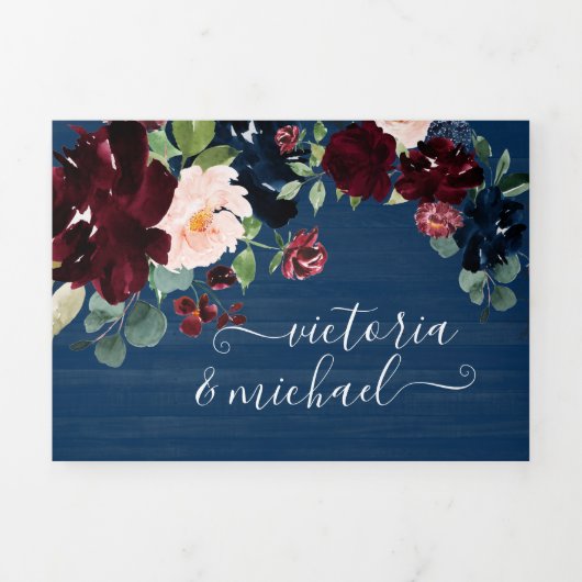 Rustic Navy Blue Blush & Bourgondië Bloemen Huweli Drieluik Uitnodiging (Cover)