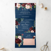 Rustic Navy Blue Blush & Bourgondië Bloemen Huweli Drieluik Uitnodiging (Binnen)