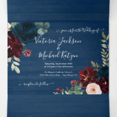 Rustic Navy Blue Blush & Bourgondië Bloemen Huweli Drieluik Uitnodiging (Binnenkant midden)