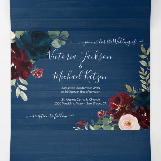 Rustic Navy Blue Blush & Bourgondië Bloemen Huweli Drieluik Uitnodiging (Binnenkant midden)
