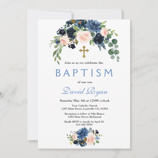 Rustic Navy Blue Blush Flowers Bloom Baptisme Kaart (Voorkant)