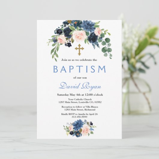 Rustic Navy Blue Blush Flowers Bloom Baptisme Kaart (Staand voorkant)