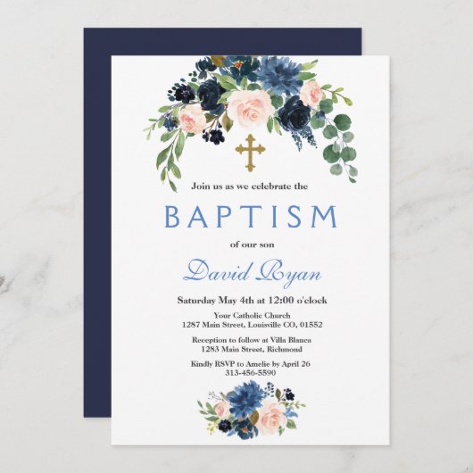 Rustic Navy Blue Blush Flowers Bloom Baptisme Kaart (Voorkant / Achterkant)