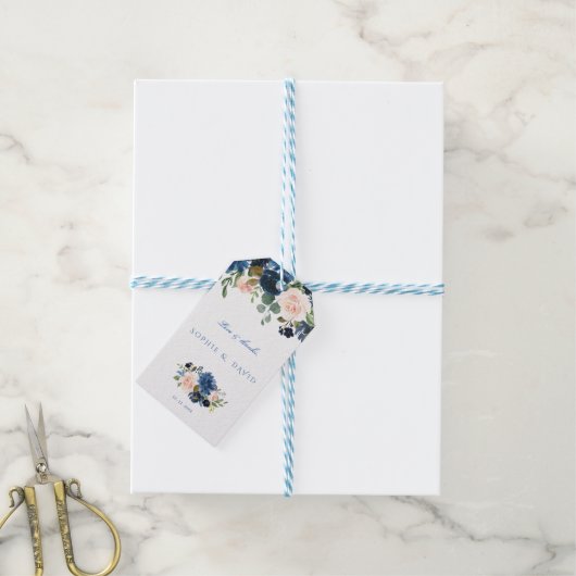 Rustic Navy Blue Blush Flowers Bloom Wedding Cadeaulabel (Met Touw)