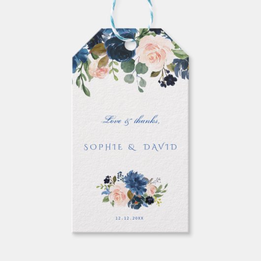 Rustic Navy Blue Blush Flowers Bloom Wedding Cadeaulabel (Voorkant)