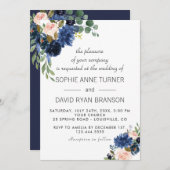 Rustic Navy Blue Blush Flowers Bloom Wedding Kaart (Voorkant / Achterkant)