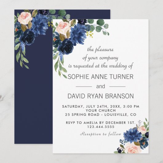 Rustic Navy Blue Blush Flowers Bloom Wedding Kaart (Voorkant / Achterkant)
