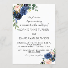 Rustic Navy Blue Blush Flowers Bloom Wedding Kaart