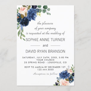 Rustic Navy Blue Blush Flowers Bloom Wedding Kaart