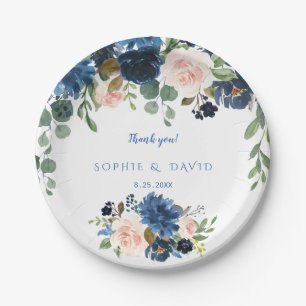 Rustic Navy Blue Blush Flowers Bloom Wedding Papieren Bordje