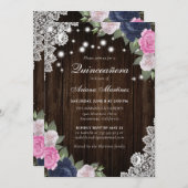 Rustic Navy Blue Blush Pink Floral Quinceañera Kaart (Voorkant / Achterkant)
