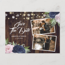 Rustic Navy Blue Blush Save the Date Photo Aankondigingskaart