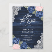 Rustic Navy Blue Blush Wood Floral Wedding Save The Date (Voorkant)