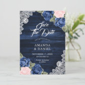 Rustic Navy Blue Blush Wood Floral Wedding Save The Date (Staand voorkant)