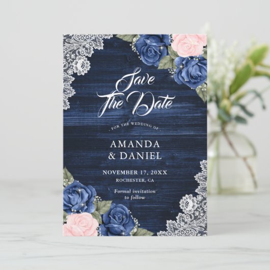 Rustic Navy Blue Blush Wood Floral Wedding Save The Date (Staand voorkant)