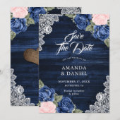 Rustic Navy Blue Blush Wood Floral Wedding Save The Date (Voorkant / Achterkant)