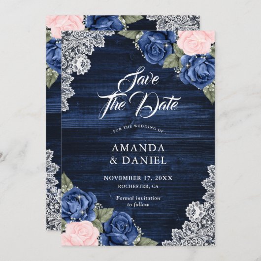 Rustic Navy Blue Blush Wood Floral Wedding Save The Date (Voorkant / Achterkant)