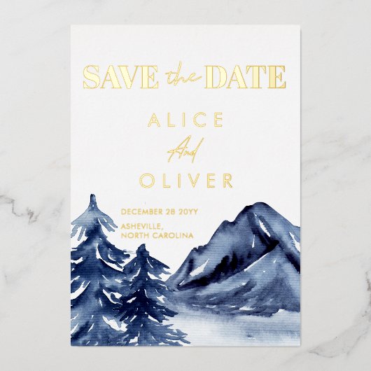 Rustic Navy Blue Bomen Berg Save The Date Folie Uitnodiging (Voorkant)