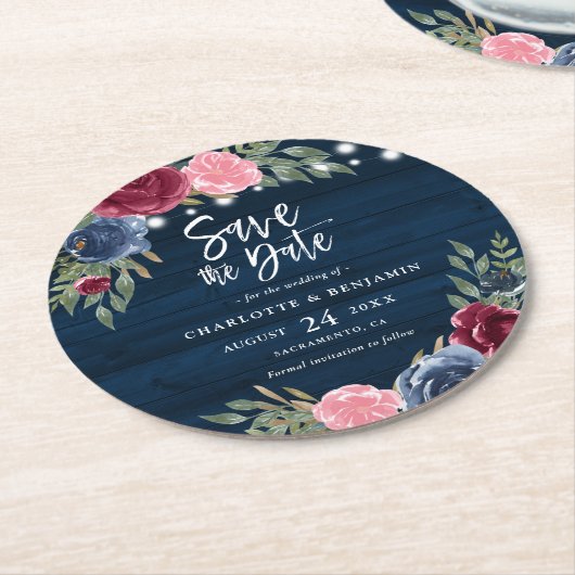Rustic Navy Blue Bourgogne Floral Save the Date Ronde Kartonnen Onderzetter (Gebogen)