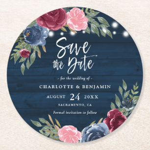 Rustic Navy Blue Bourgogne Floral Save the Date Ronde Kartonnen Onderzetter