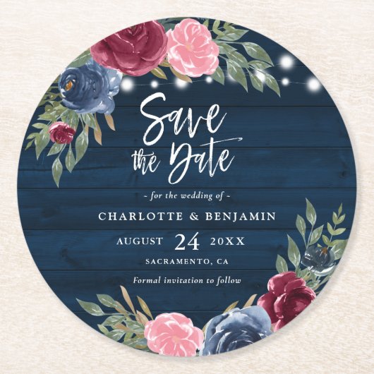 Rustic Navy Blue Bourgogne Floral Save the Date Ronde Kartonnen Onderzetter (Voorkant)