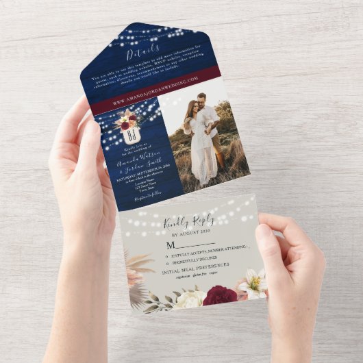 Rustic Navy Blue Bourgondië Fall Wedding All In One Uitnodiging (Afscheurbaar)