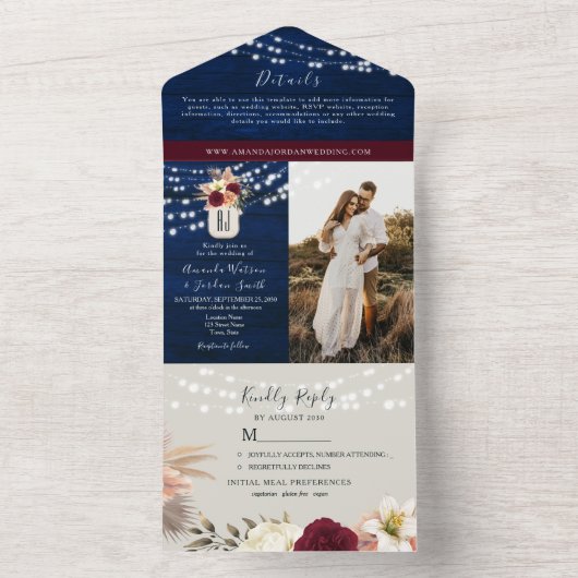 Rustic Navy Blue Bourgondië Fall Wedding All In One Uitnodiging (Binnen)