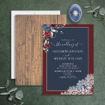 Rustic Navy Blue Burgundy Wood Weduwschap Kaart<br><div class="desc">Oh, we zijn zo blij met deze trendy marjoe bruinkool, rustige florale botanische trouwuitnodiging. Met handgeschreven scripttypografie, blauw en botanische floralen van de waterverf van de marine, een geërfte barnwood textuur en faux French Alençon lace. Een deel van een trouwsuite waarvan we hopen dat je er zoveel van houdt als...</div>