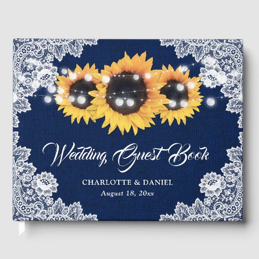 Rustic Navy Blue Burlap and Lace Sunflower Wedding Gastenboek (Voorkant)
