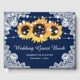 Rustic Navy Blue Burlap en Lace Sunflower Wedding Gastenboek