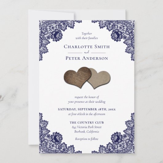 Rustic Navy Blue Burlap en Lace Wedding Kaart (Voorkant)