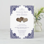 Rustic Navy Blue Burlap en Lace Wedding Kaart (Staand voorkant)