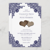 Rustic Navy Blue Burlap en Lace Wedding Kaart (Voorkant / Achterkant)