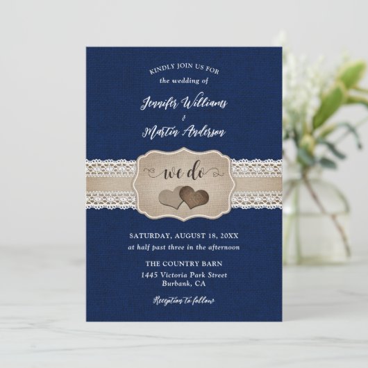 Rustic Navy Blue Burlap en Lace Wedding Kaart (Staand voorkant)