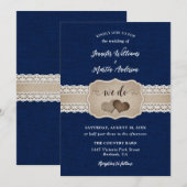 Rustic Navy Blue Burlap en Lace Wedding Kaart (Voorkant / Achterkant)