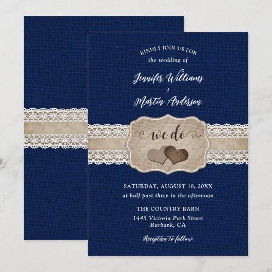 Rustic Navy Blue Burlap en Lace Wedding Kaart (Voorkant / Achterkant)